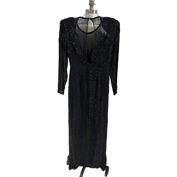 80s VTG AJ Bari Black Dress XS 2 Sequined  Beaded Sleeves Party Evening LBD - Picture 1 of 14